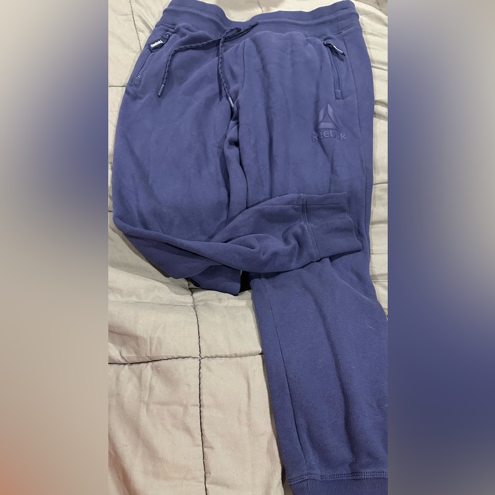 Reebok athletic pants, drawstring waist, cuffed legs, zippered pockets